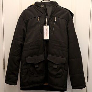 Tanming Mens Winter Parka Coat Black Sherpa Fleece Lined Faux Fur Hood Jacket L